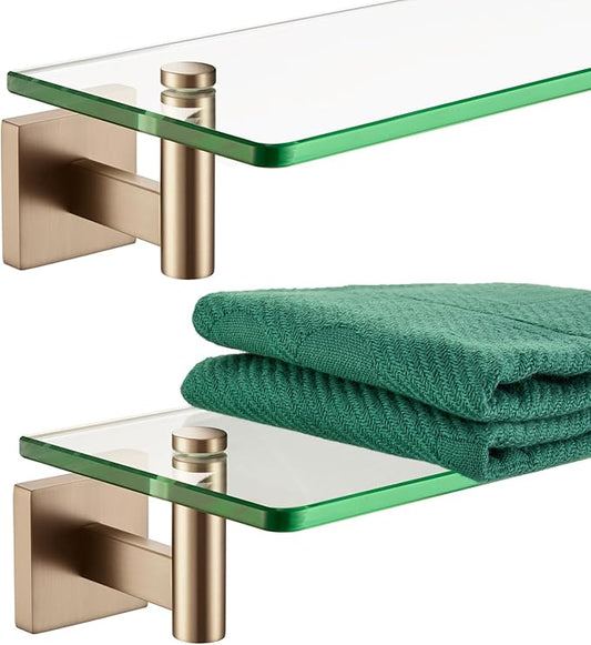 KOKOSIRI Wall Shelves Bathroom Hardware Tempered Glass Floating Shelf Hanging Rack Storage/Room Decor 20-Inch Champagne Bronze 2 Pack B1105CPG-L20-P2