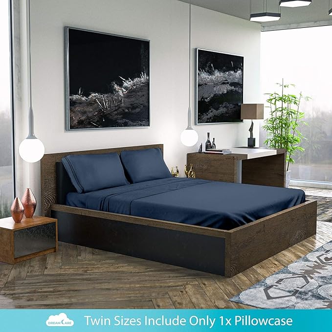 DREAMCARE King Size Sheets Set - Cooling Bed Sheets - 4pcs Set - up to 15" Deep Pocket King Sheet Set – Soft & Long Lasting Cooling - 100% Fine Brushed Polyester with Side Pocket - Navy Blue DREAMCARE