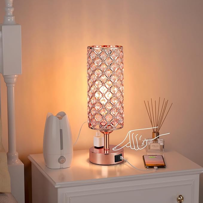 Hong-in Crystal Table Lamp, Rose Gold Bedroom Lamp with USB C+A Ports & AC Outlet, 3 Way Dimmable Light with Crystal Lampshade, Bedside Lamp Touch Light for Living Room, Charge Phone (Bulb Included)