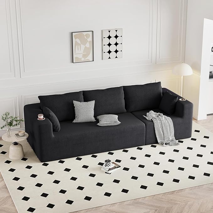 Furnimart 112" Oversized 3 Seater Sleeper Couch, Sectional Sofa Bed Boneless Cloud Couches for Living Room, Modern Deep Seat Modular Sofa, No Assembly Corduroy Black