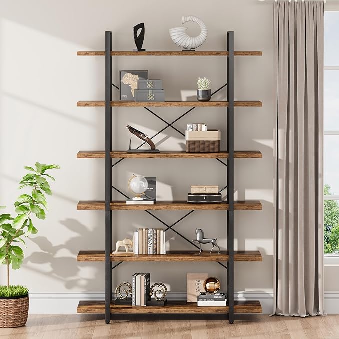 HSH 6 Shelf Tall Bookcase, Industrial Modern Large 6 Tier Bookshelf, Open Wood and Metal Display & Storage Rack,Farmhouse Bookcases and Book Shelves 6 Shelf for Bedroom Living Room Office,Rustic Brown