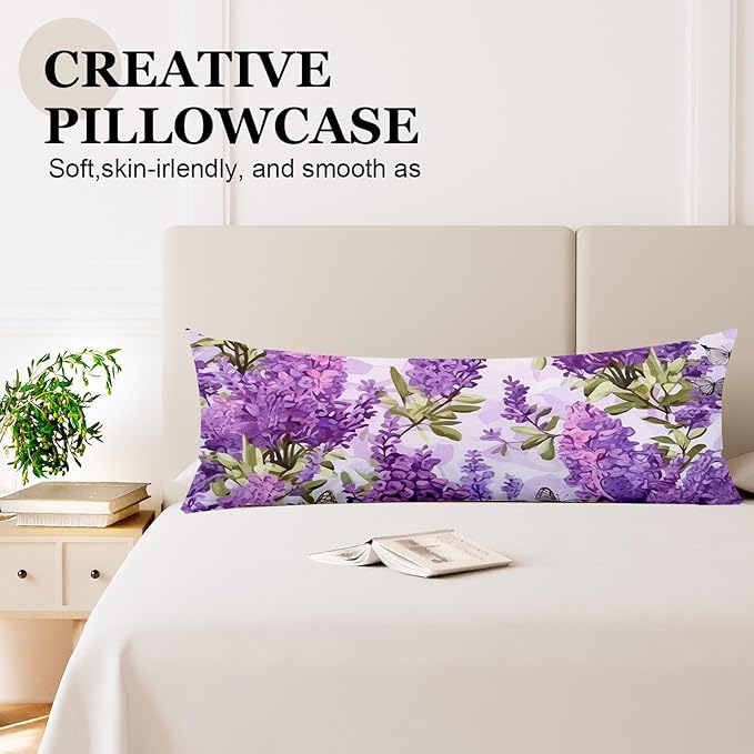 Microfiber Body Pillow Cover with Hidden Zipper,Comfortable Fabric,Floral Print Pattern Body Pillow Case,Lightweight and Breathable,The Size is 20 "X 54"(lLilac Flower-06)