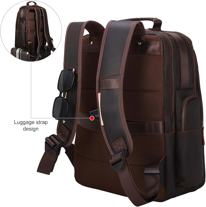 TIDING Full Grain Leather 17.3 Inch Laptop Backpack for Men Large Capacity Travel Weekender Camping Daypack Rucksack