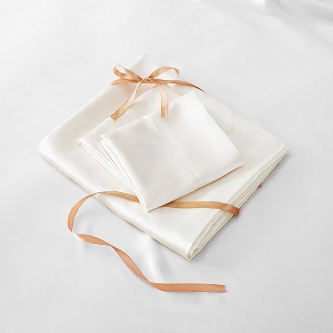 BEDELITE Satin Sheets Queen Size Bed Set, Luxury Soft Ivory White Silky Sheets for Hair and Skin, Similar to Silk Bed Sheets Set 4 Pieces （1 Deep Pocket Fitted Sheet, 1 Flat Sheet, and 2 Pillowcases）