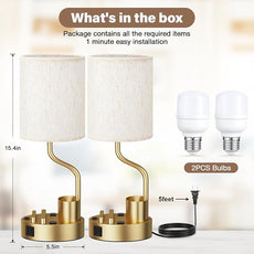 Gold Bedside Table Lamps for Bedroom Set of 2 - Nightstand Light with AC Outlet and USB A & C for Charging, 3 Color Temperatures Desk Lamp with Pen Holder & Phone Stand for Living Room/Dorm/Office
