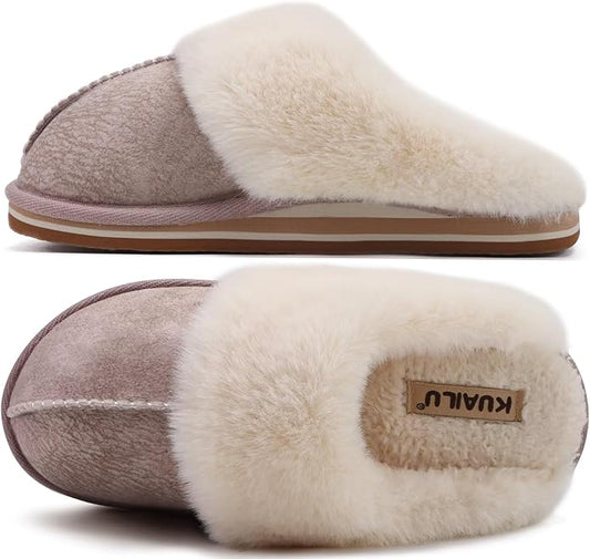 KuaiLu Womens Fluff Dual Memory Foam Slippers Ladies Cozy Arch Support Warm Scuff Slippers Slip on Comfy Winter House Shoes with Non-Slip Indoor Outdoor Hard Sole