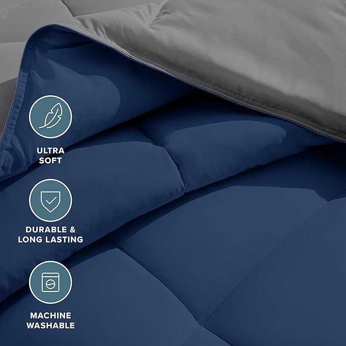 Bare Home Oversized Queen Comforter - Reversible Colors - Goose Down Alternative - Ultra-Soft - Premium 1800 Series - All Season Warmth - Bedding Comforter (Oversized Queen, Dark Blue/Grey)