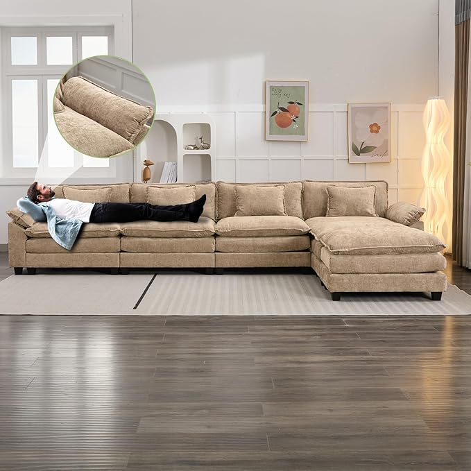 154" Modular Sectional Sofa, Comfy Cloud Couch Sectional Sofa with Ottoman, Chenille Sofa Sleeper Deep Seat Sofa with Throw Pillows for Living Room (Khaki, 154"- U Shape)