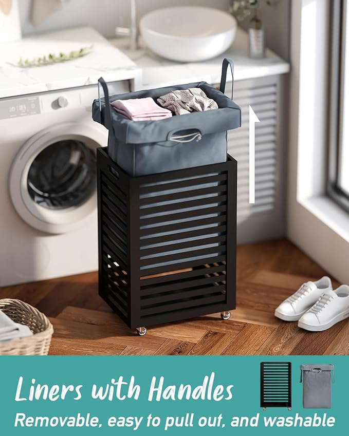 Black Laundry Hamper, Laundry Hamper with Wheels, 22.7 Gallon (86L) Bamboo Wood Clothes Laundry Basket with Handles, Removable Liner