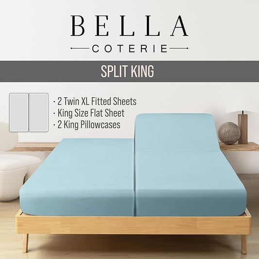 Bella Coterie Luxury Bamboo Viscose Split King Size Sheet Set | 2 Fitted Sheets for Sleep Number & Adjustable Beds | 100% Organically Grown | Cooling & Ultra Soft | 18” Deep Pocket [Coastal Blue]