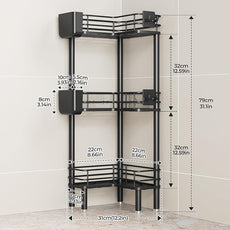 Orimade Rustproof 3 Tier Floor Standing Corner Shower Caddy Organizer with Toothbrush Holder, Large Spacing Floor Shower Shelf Rack Storage Stands with Hooks for Bathroom Kitchen, Black