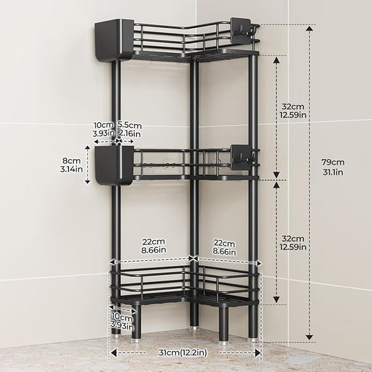 Orimade Rustproof 3 Tier Floor Standing Corner Shower Caddy Organizer with Toothbrush Holder, Large Spacing Floor Shower Shelf Rack Storage Stands with Hooks for Bathroom Kitchen, Black