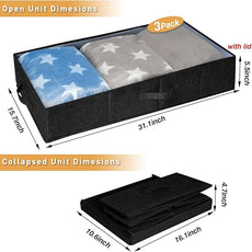 punemi Under The Bed Storage Containers 3 Pack, 6 Inch Tall Stackable Underbed Storage Bins With Handles, Closet Organizers and Storage Bins, Large Under Clothes Drawer Organizers Box For Crib, Black