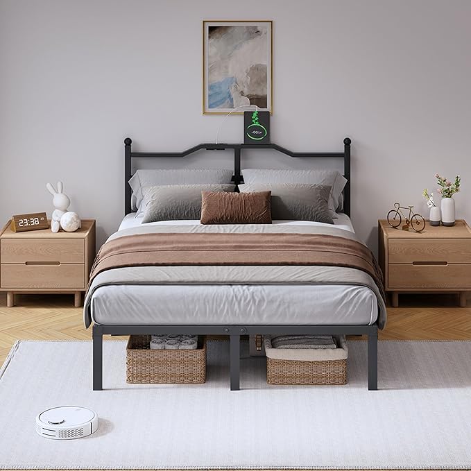 14 Inch Metal Bed Frame - Full Size Heavy Duty Bedframe with Charging Station & Headboard Basic Steel Slats Platform No Box Spring Needed/Easy Assembly/Noise Free