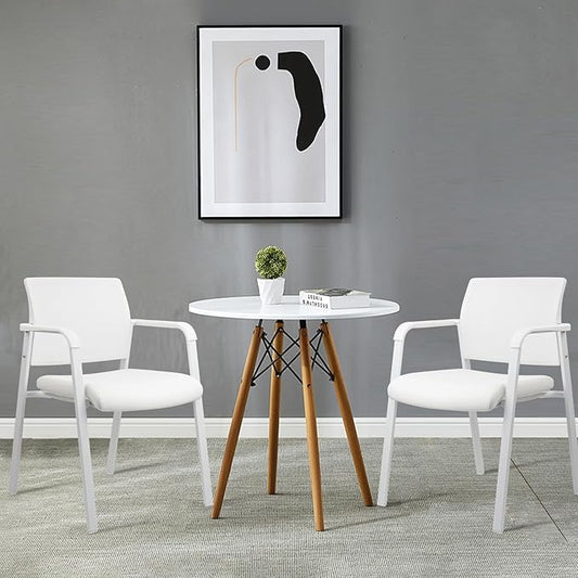 CLATINA Stacking Office Chairs | Mesh Back, Thicken Leather Seat and Streamline Arms, Ergonomic Lumber Support | Guest Reception, Waiting, Conference, School, Party, Customer, Side, Stationary, White