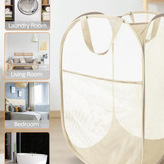 Durable Collapsible Laundry Baskets- Reinforced Mesh Pop Up Laundry Hamper with Side Pocket, Foldable Clothes Storage Hamper with Carry Handles for Laundry, Bathroom, Kids Room, Dorm or Travel Beige