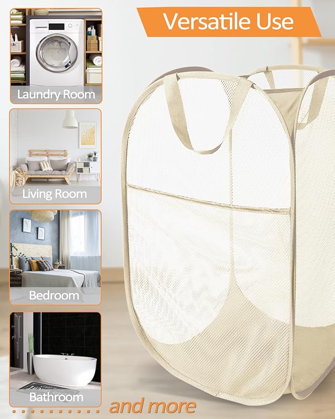 Durable Collapsible Laundry Baskets- Reinforced Mesh Pop Up Laundry Hamper with Side Pocket, Foldable Clothes Storage Hamper with Carry Handles for Laundry, Bathroom, Kids Room, Dorm or Travel Beige