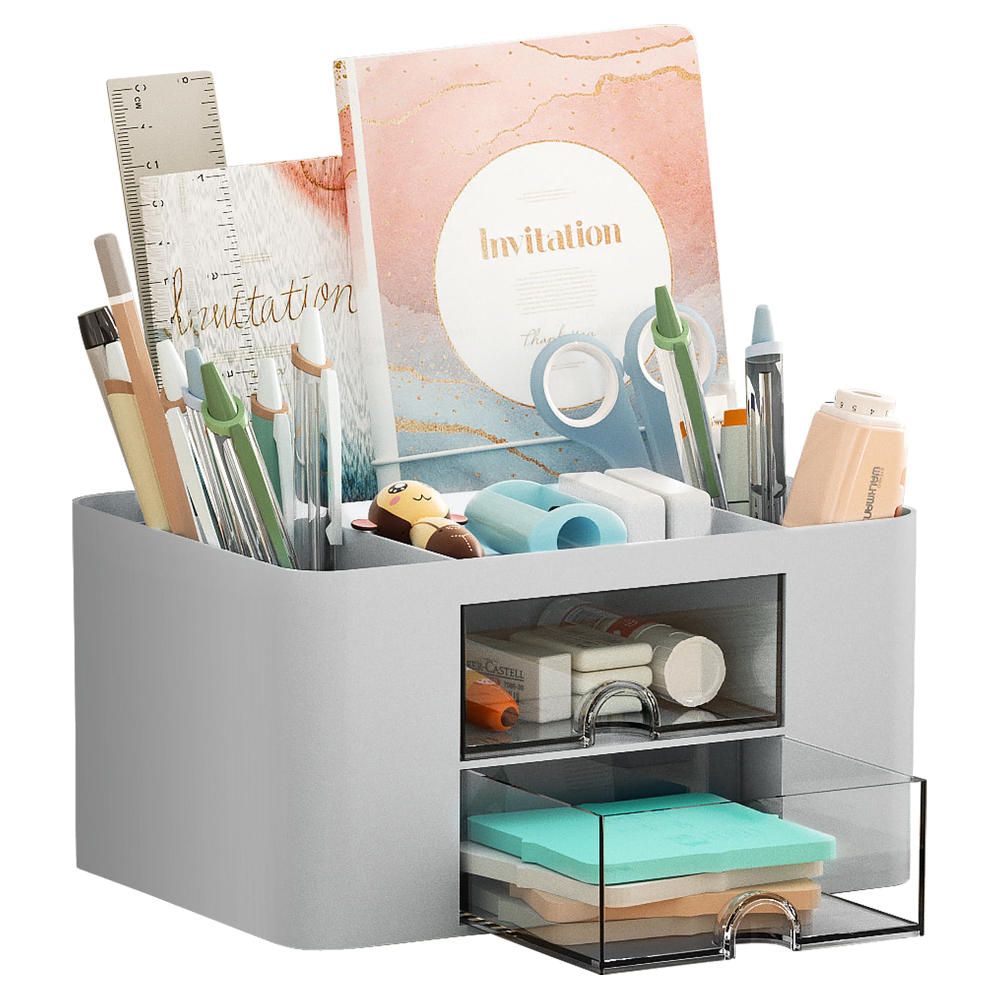Marbrasse Pen Organizer with 2 Drawer, Multi-Functional Pencil Holder for Desk, Desk Organizers and Accessories with 5 Compartments + Drawer for Office Art Supplies (Blue) Dormly