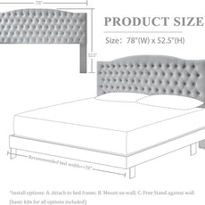 Velvet Upholstered Headboard King/Cal King Size Latest Model Wall Mount, Bed Frame Mount, Featuring High-Density Sponge Padding, Luxury Texture Easy Assembly and Style-Light Gray