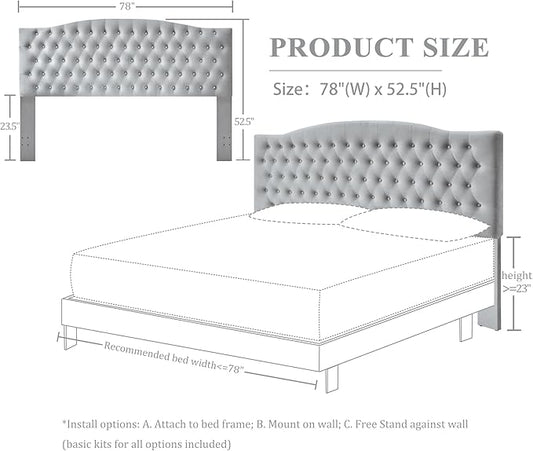 Velvet Upholstered Headboard King/Cal King Size Latest Model Wall Mount, Bed Frame Mount, Featuring High-Density Sponge Padding, Luxury Texture Easy Assembly and Style-Light Gray