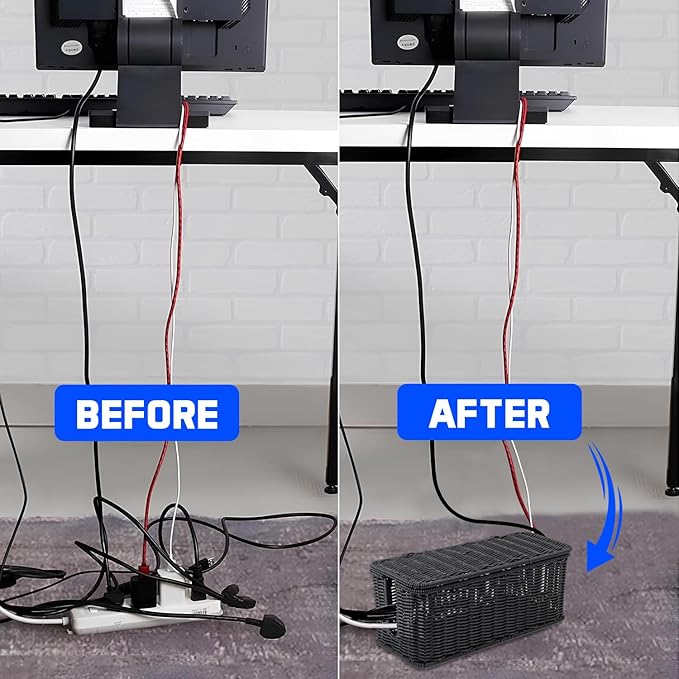 Cable Management Box, Handmade Rattan Cable Organizer, 2 Open Slots Cords Hider Box, Under Desk Cord Organizer for Computer Router USB Hub & Power Strip, Patent Pending, 13" x 5.1" x 5.1", Black