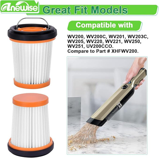 WV201 Wandvac Filter Replacement for Shark Wandvac ION W1 S87 Cordless Handheld Stick Vacuum WV201BK WV200 WV200C WV201 WV205 WV220 WV221, Replace Part #XHFWV200, 4 Pack Fabric Wand Filters