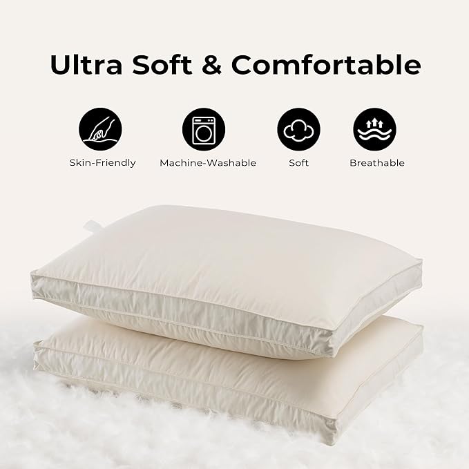 UNIKOME White Goose Down Feather Gusseted Pillows - 100% Organic Cotton Cover - Queen Size Pillow Set of 2, Made in Japan Pillow for Sleeping