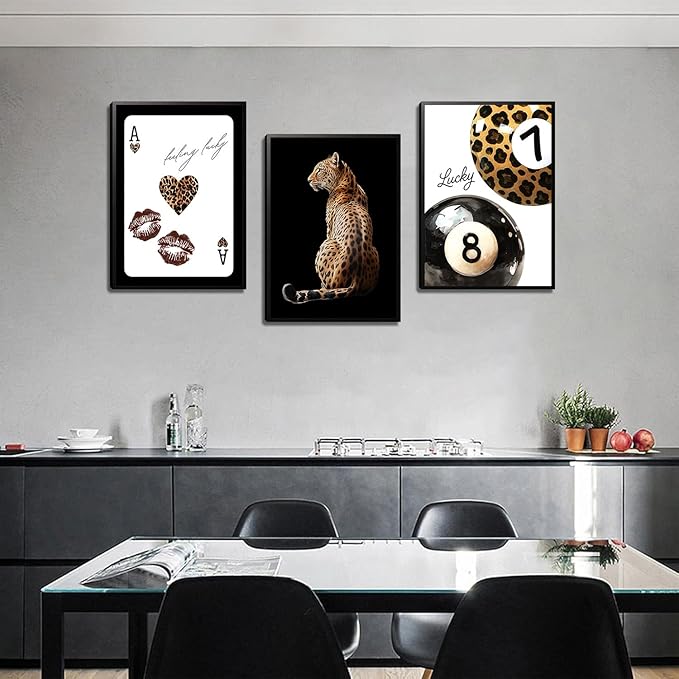 Trendy Leopard Wall Art Set of 3，Funky Lucky 8 Ball Wall Decor Paintings，Cheetah Preppy Room Posters Prints Pictures for Bedroom Living Room 12x16 inch Framed