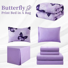 ARTALL Bed in A Bag Twin Size 6 Pieces, Purple Butterfly All Season Bedding Comforter Bed Set with Pillow Sham, Flat Sheet, Fitted Sheet, Bed Skirt, Pillowcase