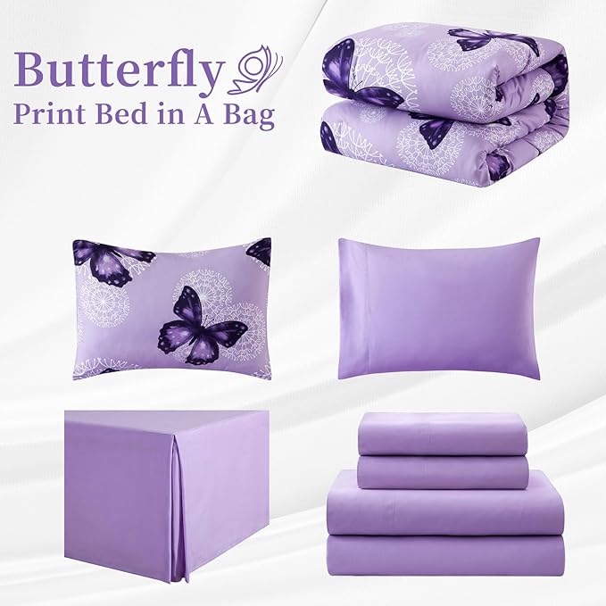 ARTALL Bed in A Bag Twin Size 6 Pieces, Purple Butterfly All Season Bedding Comforter Bed Set with Pillow Sham, Flat Sheet, Fitted Sheet, Bed Skirt, Pillowcase