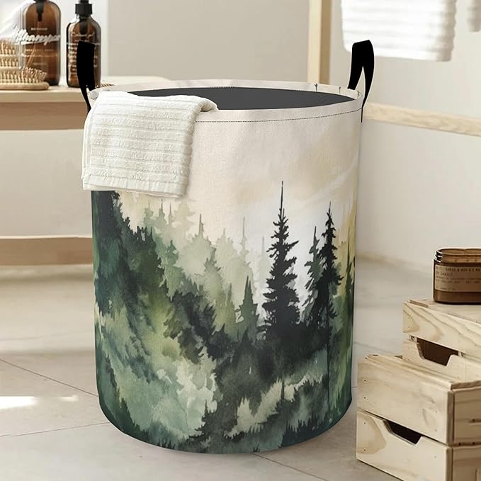 Landscape Pine Forest Laundry Hamper Large Canvas Fabric Lightweight Storage Basket/Dirty Clothes Collapsible Waterproof for College Dorms, Boys and Girls Bedroom,Bathroom