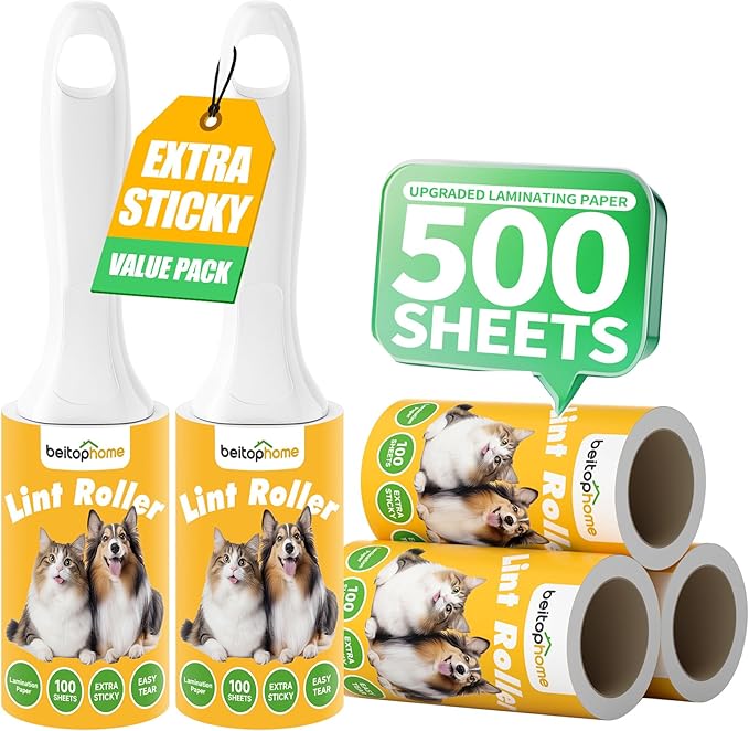 Extra Sticky Lint Roller for Pet Hair – 500 Sheets, Reinforced 2 Handles, Dog & Cat Hair Remover for Clothes, Carpet, Furniture
