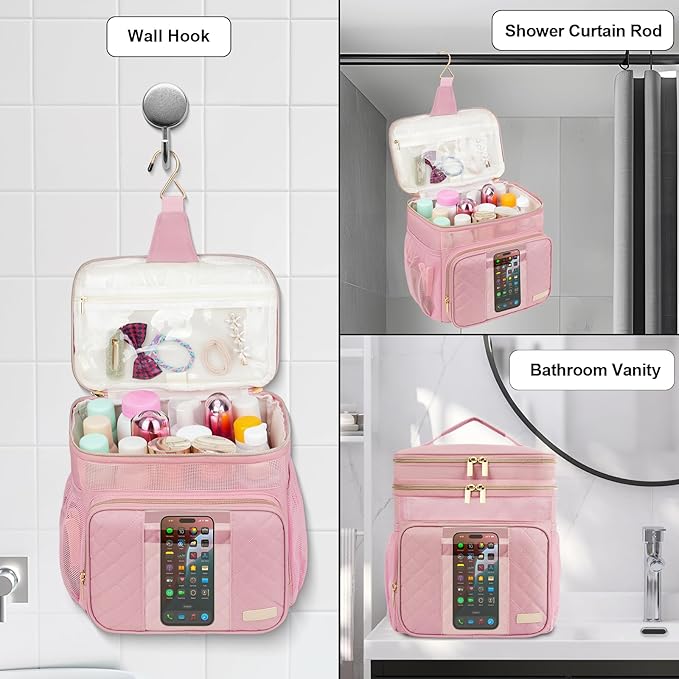 Portable Shower Caddy College, Quickly Dry Tolietry Mesh Tote Bag for Dorm Room Essentials, Hanging Bathroom Organizer Bag for Travel, Gym, Camping (Pink)
