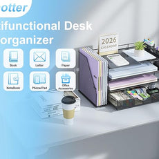 gianotter Desk Organizers and Accessories with File Holder, 4-Tier Desk Accessories & Workspace Organizers with Drawer and 2 Pen Holder, Paper Organizer for Office Supplies (Black)
