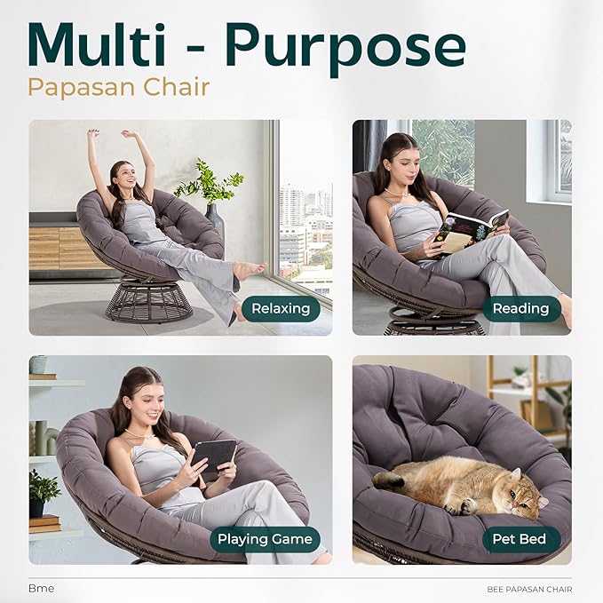 Bme 40" Ergonomic Wicker Papasan Chair with Soft Thick Density Fabric Cushion, Bee-Designed Base, High Capacity Steel Frame, 360 Degree Swivel for Living, Bedroom, Reading Room,...