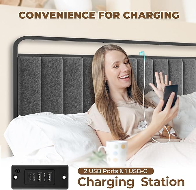 Rolanstar Twin Size Bed Frame with LED Light and Charging Station, Upholstered Headboard and Footboard, Metal Slat, Noise Free, Easy Assembly, Dark Gray