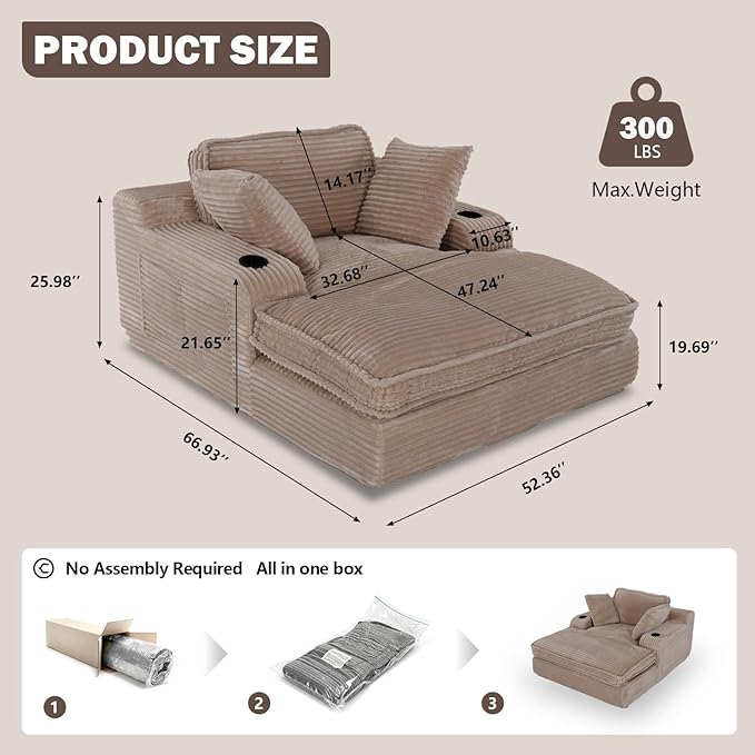 67" Oversized Chaise Lounge Chair Indoor, Soft Boneless Cloud Couch with 3 Pillows, 4 Side Pockets and 2 Cup Holders, Comfy Corduroy Sleeper Couch for Living Room Bedroom, Camel