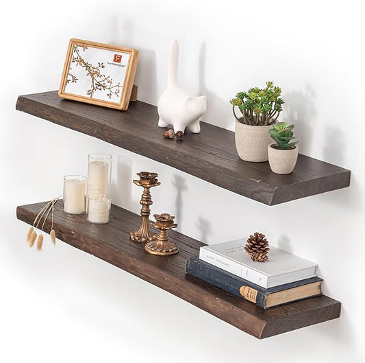 Floating Shelves for Wall, 36"x9.3" Rustic Solid Live-Edge Elm Wood Wall Shelves, Heavy-Duty Floating Shelves with Invisible Brackets, Set of 2 for Living Room, Bedroom, and Kitchen, Walnut Finish
