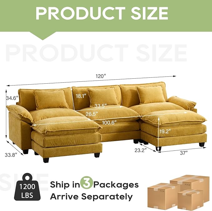 120" Modular Sectional Sofa, Comfy Cloud Couch Sectional Sofa with Ottoman, Chenille Sofa Sleeper Deep Seat Sofa with Throw Pillows for Living Room (Yellow, 120"- U Shape)