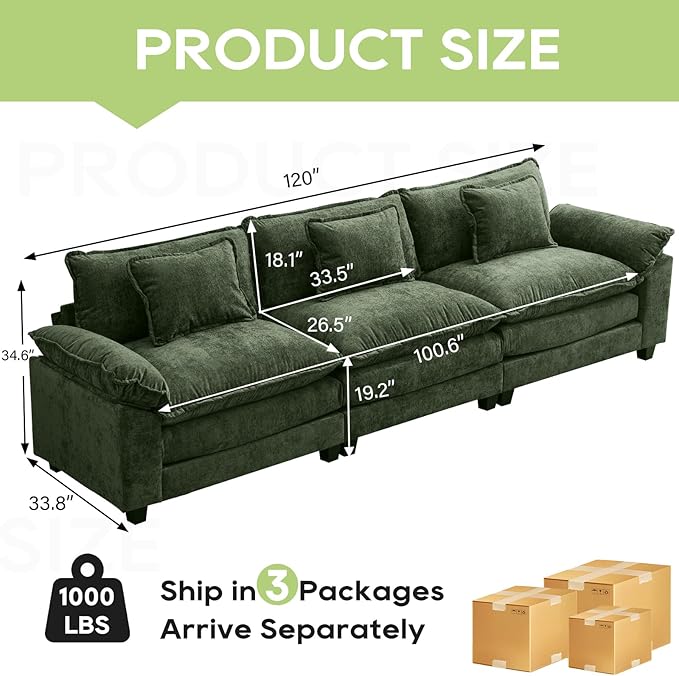 120" Modular Sectional Sofa, Comfy Cloud Couch Sectional, Chenille Sofa Sleeper Deep Seat Sofa with Throw Pillows for Living Room (Green, 120"- 3 Seater)