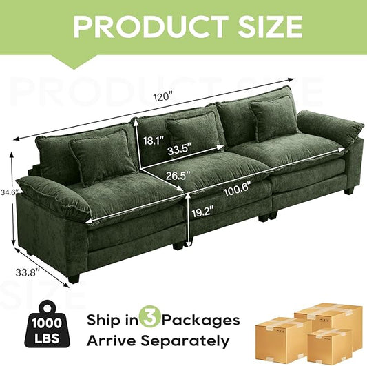 120" Modular Sectional Sofa, Comfy Cloud Couch Sectional, Chenille Sofa Sleeper Deep Seat Sofa with Throw Pillows for Living Room (Green, 120"- 3 Seater)