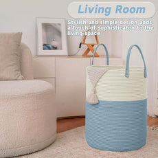 Large Woven Laundry Basket Hamper,80L Cotton Rope Storage Bin for Blankets,Toys and Clothes,Decorative Tall Nursery Hamper for Living Room,Baby Nursery,Bathroom and Bedroom,White and Blue