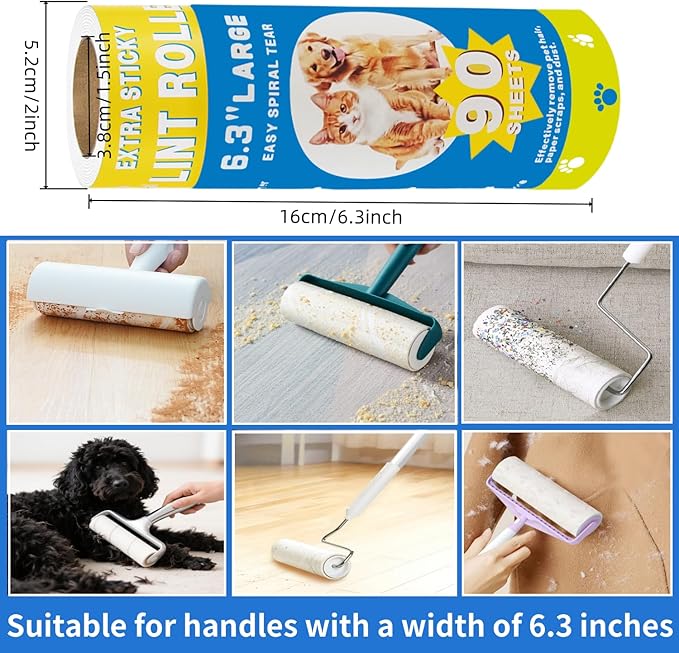 Large Lint Roller Refills for Pet Hair Sheets Extra 6.3 Inch 540Sticky Portable Pet Lint Remover for Clothes, Floor, Furniture, Carpet, Dog and Cat Hair Removal