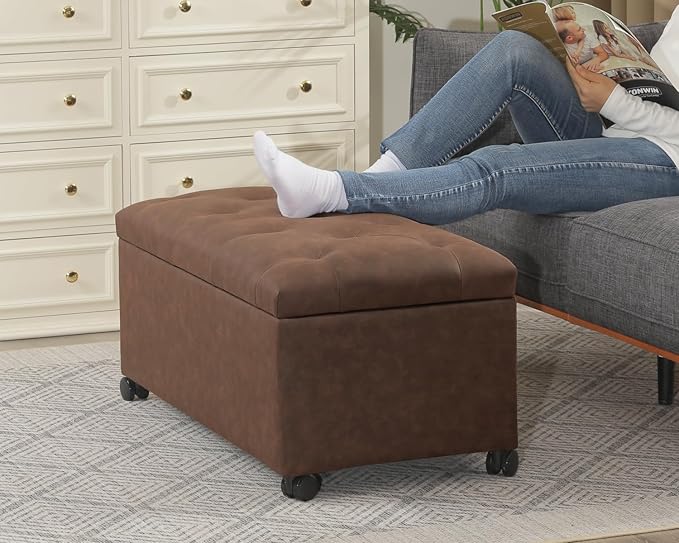 Joveco Storage Ottoman Bench 35" Faux-Leather Rectangular Tufted Ottomans Storage Room Organizer with Wheels(Matte Chocolate)