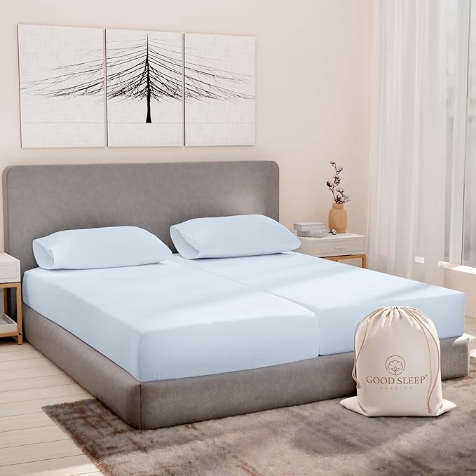 Good Sleep Bedding Split King Sheets Sets for Adjustable Bed Cotton, Luxury Sheets, Egyptian Cotton, 5 Piece 100% Cotton Split King Sheet Set, Sateen Weave, 2 Fitted - 16" Deep Pocket, Light Blue GoodSleepBedding