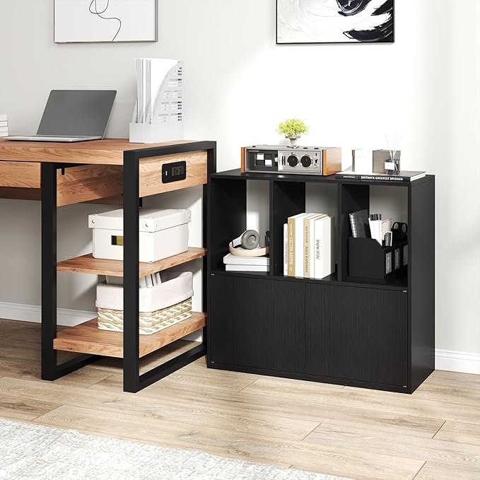 GOFLAME 3 Cube Bookcase with Doors, 3-Tier Cubby Book Shelf with 3 Open Compartments, Cabinet, Wooden Small Display Shelf, Freestanding Cubic Storage Organizer for Living Room, Study (2,Black)