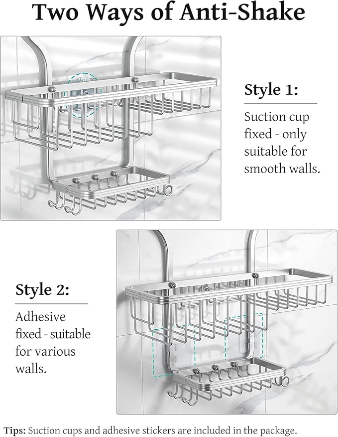 YASONIC Shower Caddy Hanging - Never Rust Shower Organizer - Aluminum Over The Head Caddy with 10 Hooks for Razor/Sponge - Rack with Soap Basket - Silver