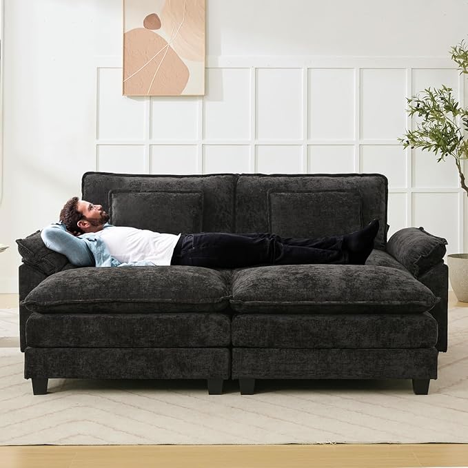 86" Modular Sectional Sofa, Comfy Cloud Couch Sectional Sofa with Ottoman, Chenille Sofa Sleeper Deep Seat Sofa with Throw Pillows for Living Room (Black)