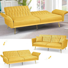 70” Velvet Futon Sofa Bed w/Adjustable Armrests & 2 Pillows, Convertible Futon Couch w/Adjustable Backrests, Modern Sleeper Bed for Living Room, Bedroom, Yellow