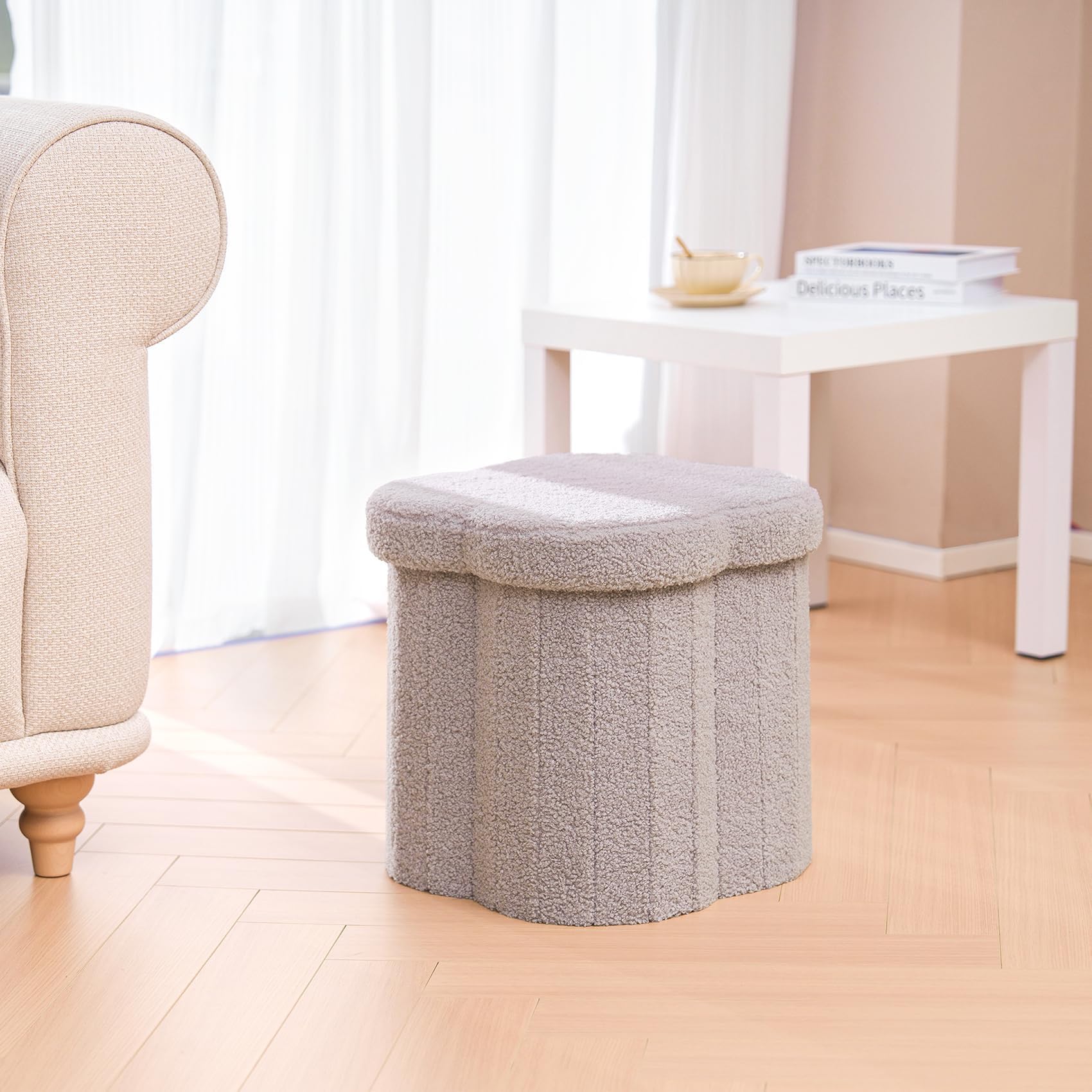 B FSOBEIIALEO Storage Ottoman Cube, Flowers Shaped Ottomans with Storage Foot Stool Footrest for Lving Room, Boucle Ottoman Seat for Dorm Room,Faux Teddy Fur,White 12.6"x12.6"x12.6" Dormly
